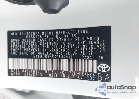 2016 Toyota Corolla Le z USA, uszkodzony, nr VIN 5YFBURHE6GP507938